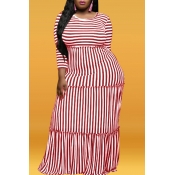 Lovely Stylish Striped Red Maxi Plus Size Dress