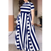 Lovely Plus Size Trendy Striped Dark Blue Maxi Dre