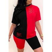 Lovely Casual Patchwork Red Two-piece Shorts Set