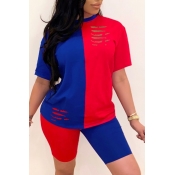 Lovely Casual Patchwork Blue Two-piece Shorts Set
