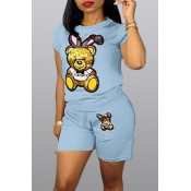 Lovely Casual Cartoon Print Baby Blue Two-piece Sh