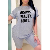 LW Casual Letter Print Grey Two-piece Shorts Set