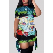 Lovely Casual Cartoon Print Blackish Green Mini Dr