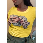 LW BASICS Casual O Neck Cartoon Prin Yellow T-shir