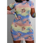 Lovely Trendy Print Blue Mini Dress(With Gloves)
