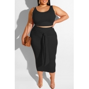LW Plus Size Leisure Lace-up Black Two-piece Skirt