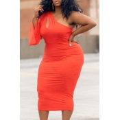 Lovely Casual One Shoulder Red Mid Calf Plus Size 