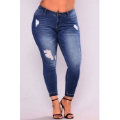 Lovely Casual Broken Holes Deep Blue Plus Size Jea