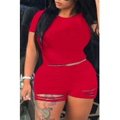 Lovely Trendy Hollow-out Red Plus Size Two-piece S