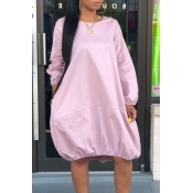 Lovely Casual O Neck Loose Pink Knee Length Dress