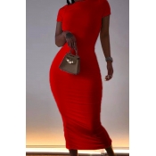 Lovely Casual O Neck Basic Red Mid Calf Dress
