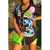 LW Trendy V Neck Print Black Blouse
