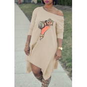 LW Leisure O Neck Print Apricot Knee Length Dress