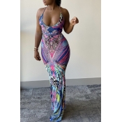 Lovely Sexy Deep V Neck Print Multicolor Maxi Dres