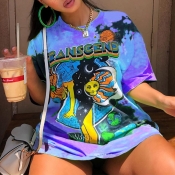 Lovely Casual O Neck Cartoon Print Blue Plus Size 