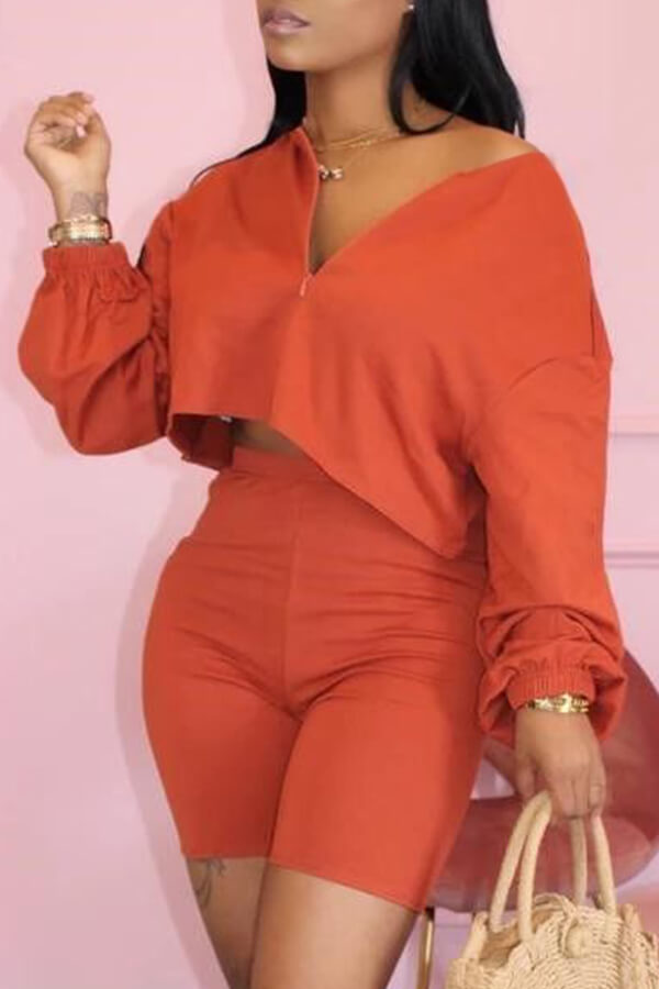 LW BASICS Casual Zipper Design Croci&nbsp;Two-piece Shorts Set