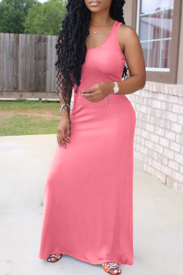 LW BASICS Leisure U Neck Rose Red Orange Maxi Dress