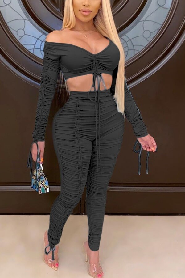 LovelyWholesale Stylish Fold Design Black Two-piece Pants Set Fall Long Sleeve Casual Basic V Neck Spring Summer 2024