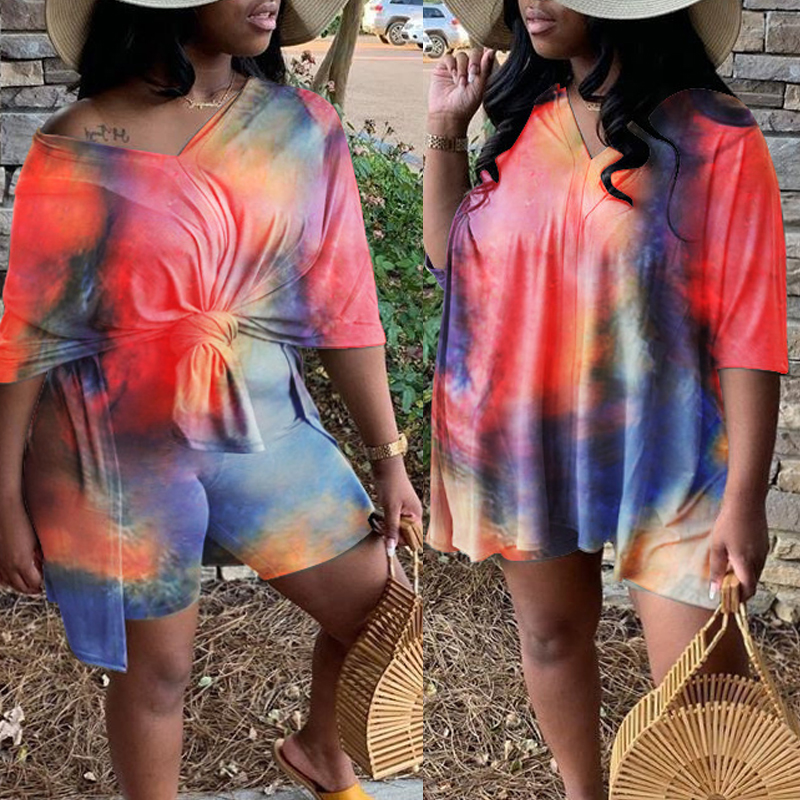 Lovely Casual O Neck Tie-dye Red Plus Size Two-piece Shorts Set