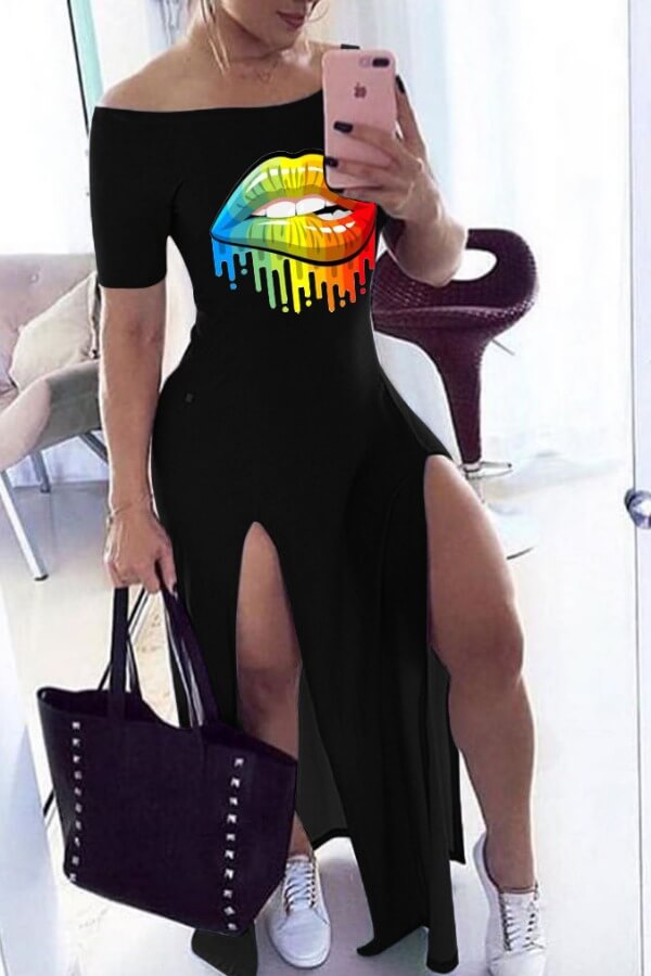 LW Casual Lip Print Black Maxi Dress