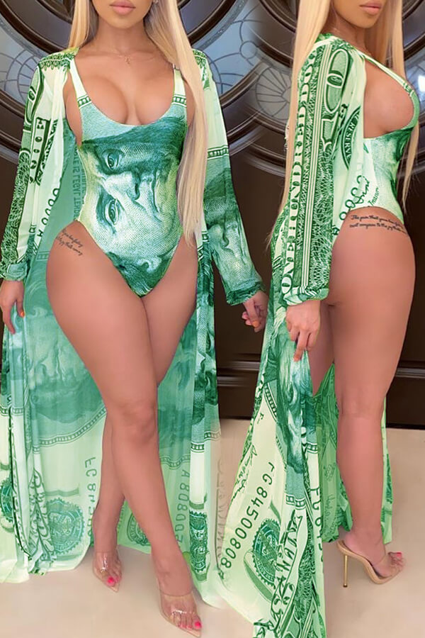 LW Print Green One-piece Swimsuit(With Cover-up)