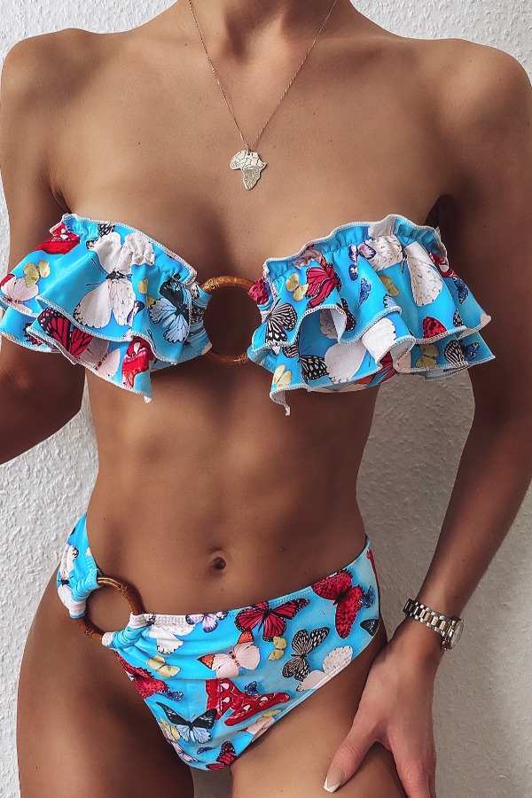 lovely Butterfly Print Blue Two-piece Swimsuit