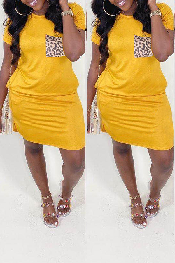 LW Casual O Neck Pocket Patched Yellow Knee Length Dress