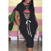 Lovely Leisure O Neck Lip Print Black Knee Length 