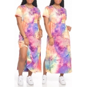 Lovely Casual O Neck Tie-dye Multicolor Ankle Leng