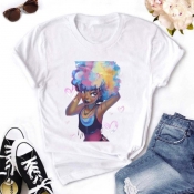Lovely Leisure O Neck Cartoon Print White T-shirt