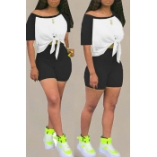Lovely Casual Patchwork Black Two-piece Shorts Set