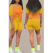 Lovely Casual Patchwork Yellow Two-piece Shorts Se