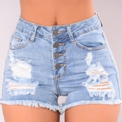 Lovely Casual Broken Holes Baby Blue Shorts