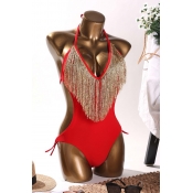 Lovely Tassel Design Red One-piece Swimsuit