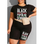 Lovely Casual Letter Print Black Plus Size Two-pie