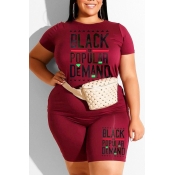 Lovely Casual Letter Print Wine Red Plus Size Two-