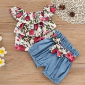 Lovely Stylish Print Blue Girl Two-piece Shorts Se
