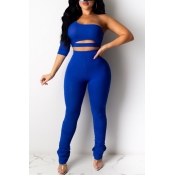Lovely Casual One Shoulder Hollow-out Blue Two-pie