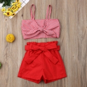 Lovely Sweet Grid Red Girl Two-piece Shorts Set