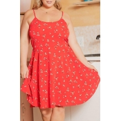 Lovely Trendy Floral Print Red Knee Length Plus Si