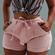 Lovely Stylish Lace-up Pink Plus Size Shorts