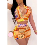 Lovely Sexy Letter Print Orange Two-piece Shorts S