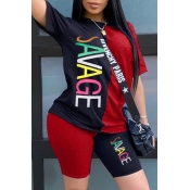 Lovely Casual Patchwork Red Two-piece Shorts Set