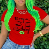 Lovely Sweet Lip Letter Print Red T-shirt