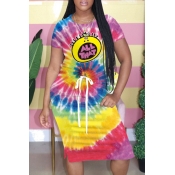 Lovely Casual O Neck Tie-dye Multicolor Knee Lengt