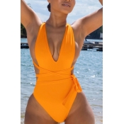 Lovely Bandage Design Orange One-piece Swimsuit