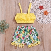 Lovely Casual Print Yellow Girl Two-piece Shorts S