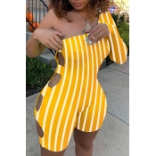 Lovely Trendy One Shoulder Striped Yellow One-piec