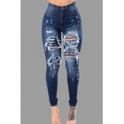 Lovely Casual Hollow-out Deep Blue Plus Size Jeans