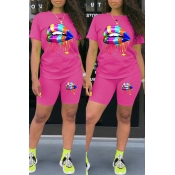 Lovely Casual Lip Print Rose Red Two-piece Shorts 